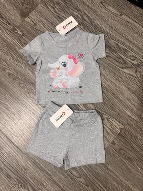 PatPat Gray and Pink Elephant Short Pajama Set